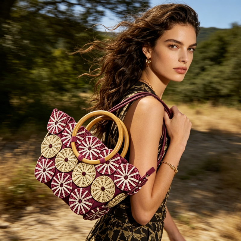 Handcrafted Woven Straw Bag with Circular Patterns